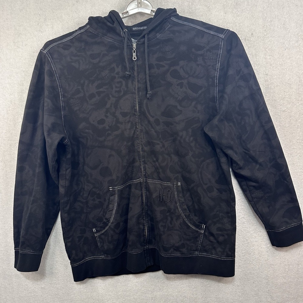 Harley Davidson Full Zip Hoodie Men's XL Tonal Skull All Over Print May 2011